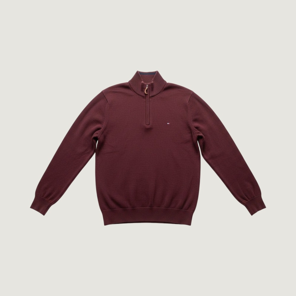 Tommy Hilfiger Mens XL Burgundy Maroon 1/4 Zip Cotton Knit Sweater Mock Neck